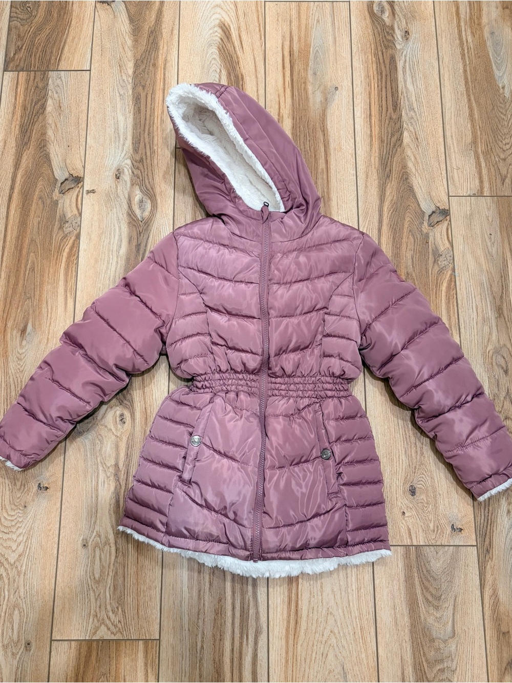 Girls' Mauve Steve Madden Hooded Puffer Jacket with Faux Fur Trim